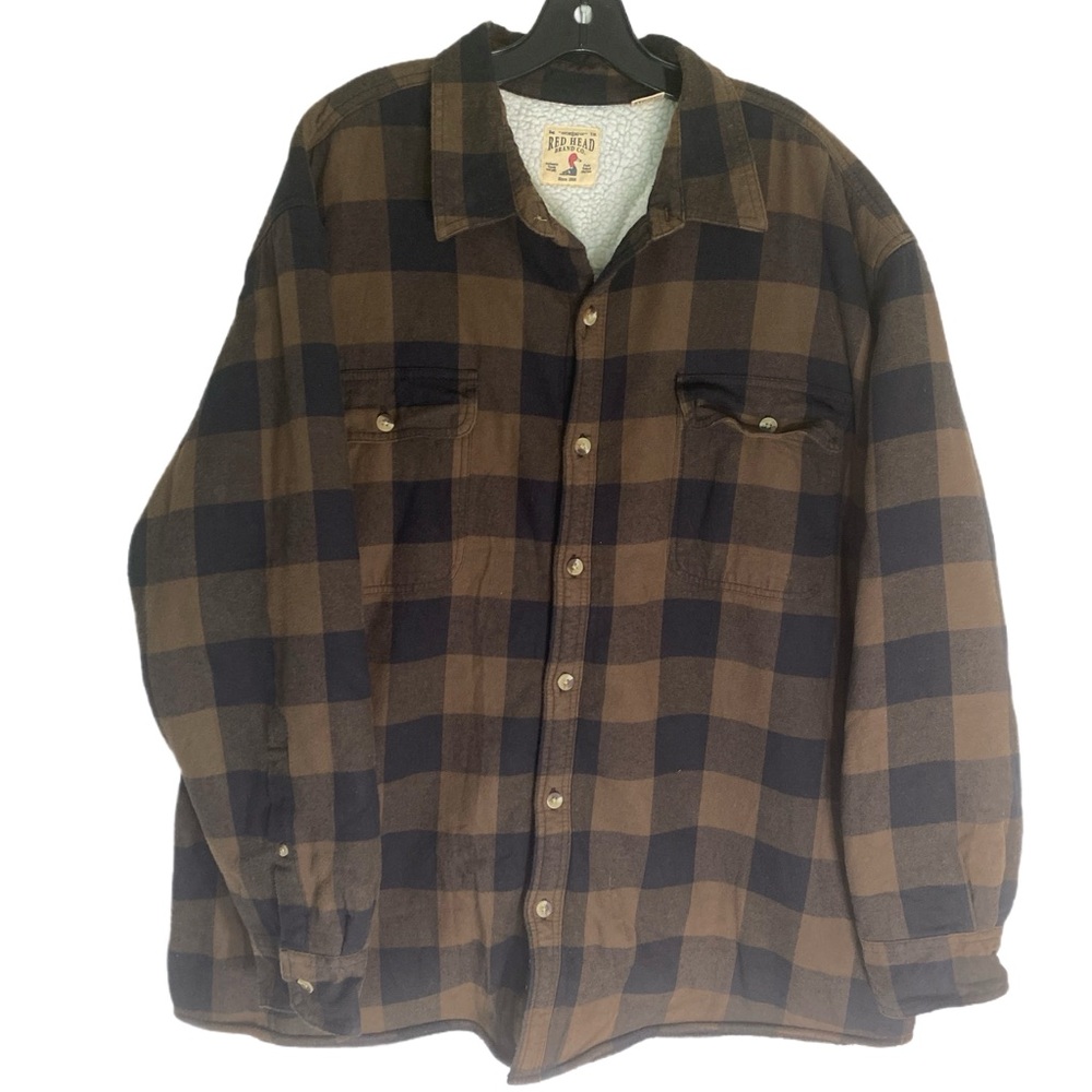 RedHead Mens 2XL Brown Black Plaid Sherpa Lined‎ Long Sleeve Button Up Shacket